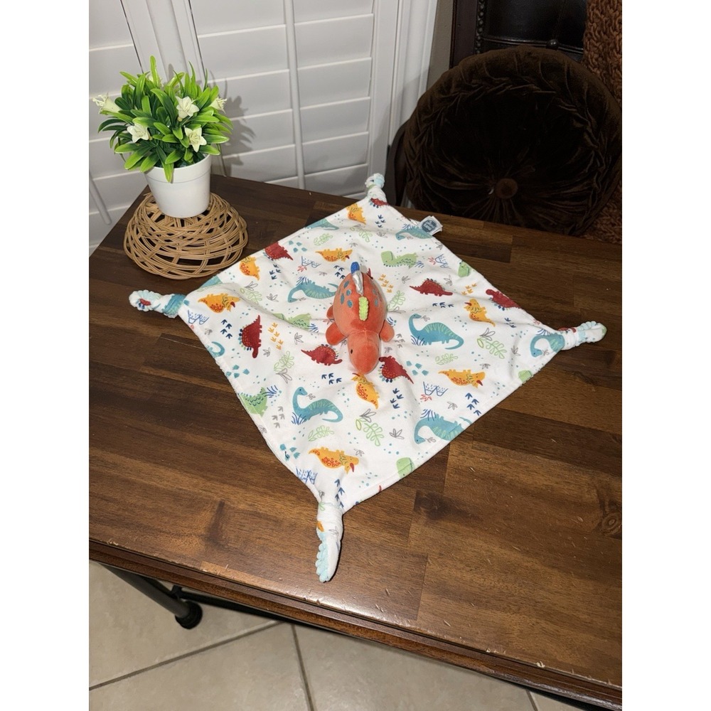 Mary Meyer Dinosaur Security Blanket Lovey Blue Knotted Corners Soft Toy Ribbed‎